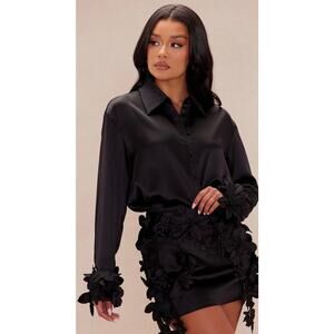Nova Luxe Kylie Floral Applique Satin Black Shirt sz L